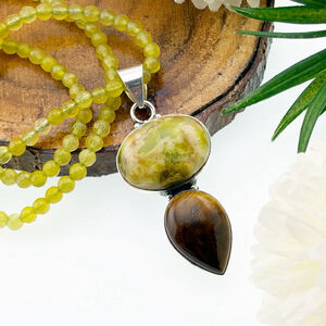 Green Opal and Tiger’s Eye Pendant Necklace Cluster Vintage Southwest Boho 925